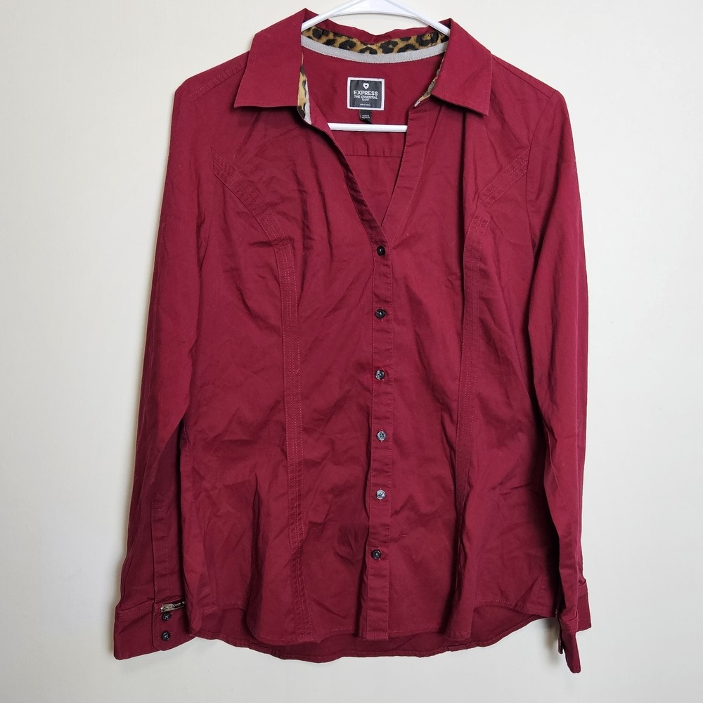 Express Womens‎ L Burgundy Button Up Shirt Leopard Trim Essential